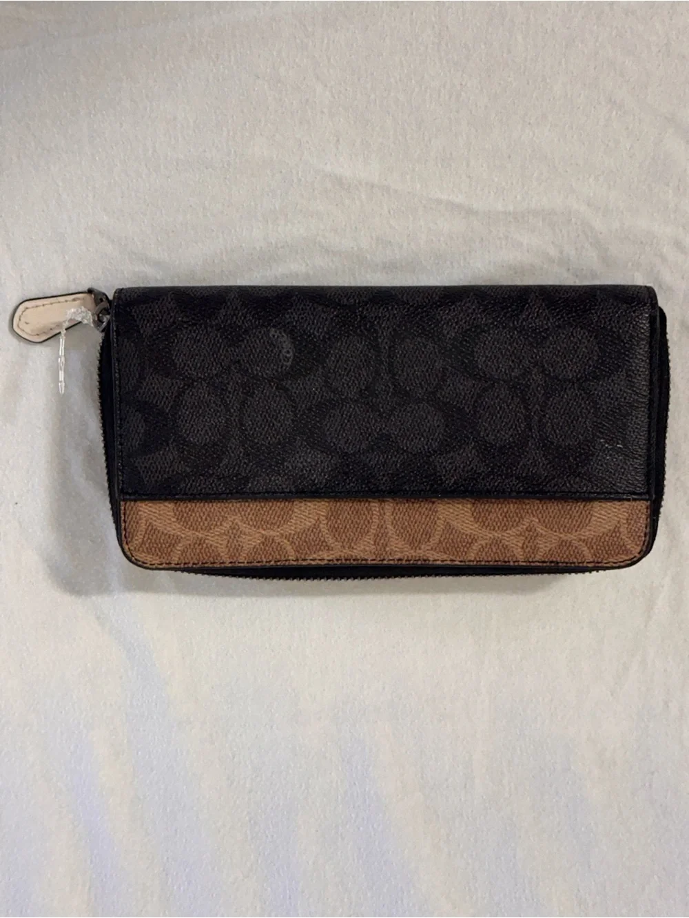Coach Two-Tone Signature Zip Wallet in Black and Brown